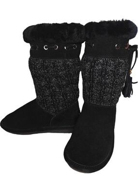 BEARPAW Womens Size 6 Black Suede Metallic Knit Mid Calf Beaded Tassle Boots